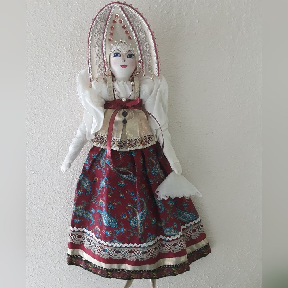 Russian Doll in Traditional Folk Costume Handmade Cloth Lace Braid 23”